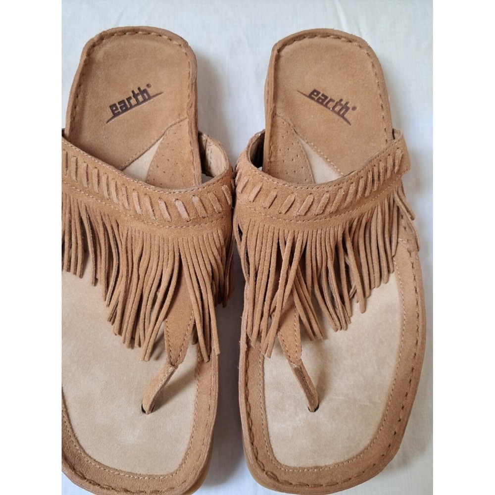 Earth Kalso Technology Tan Suede Fringe Thong Sandals Boho Slides  9